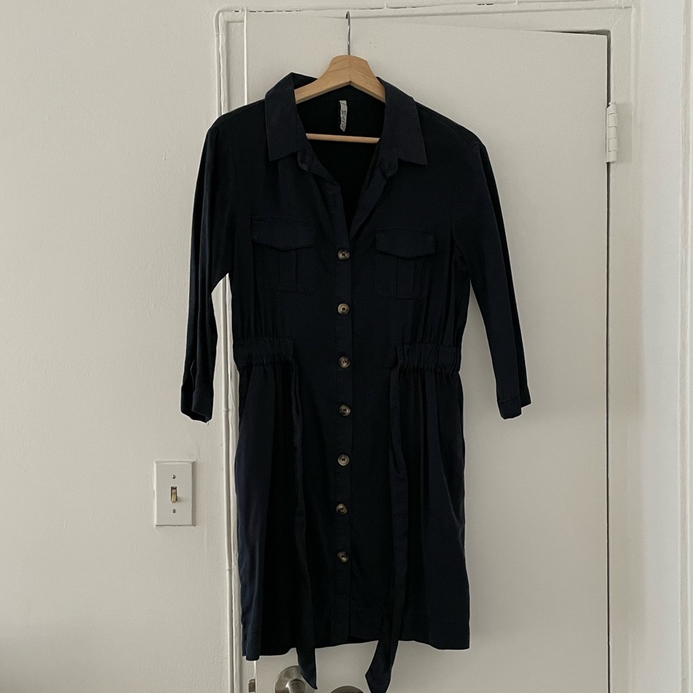Blue chambray style wrap dress